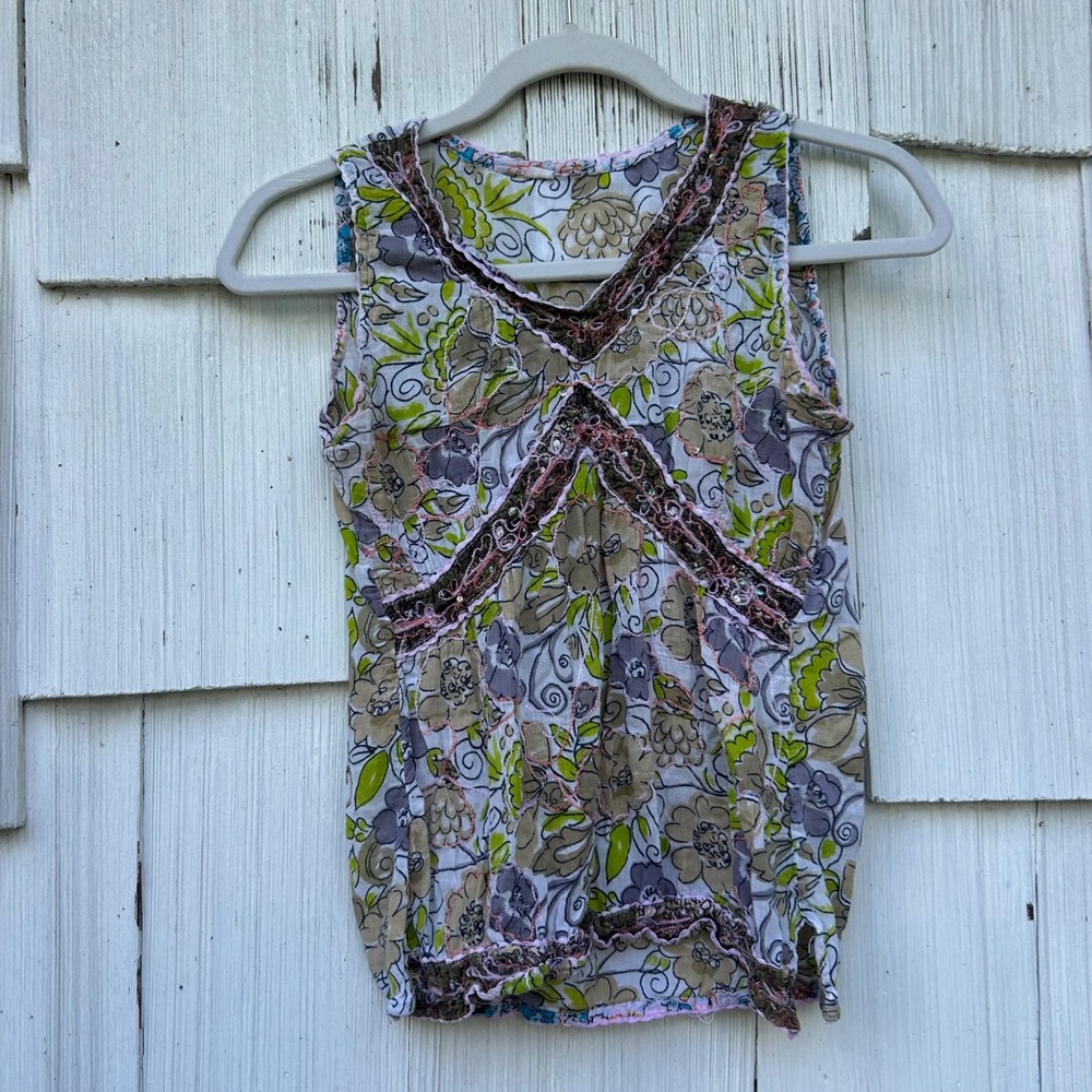 Vintage Y2K Boho Floral Embroidered Sleeveless Top V-Neck Sequin Detail Green M